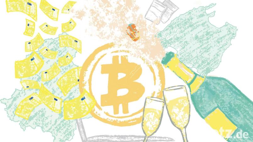 Bitcoins, Champagner, Kokain und jede Menge Geld: Das ist die Geschichte eines 31-Jährigen aus der Oberpfalz, der tausende Menschen um mehrere Millionen Euro betrogen haben und sich nun auf Mallorca verstecken soll. Grafik: Marina Gube