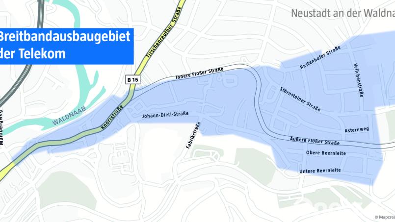 Vom Abzweig Mühlbergweg bis zum östlichen Ortseingang reicht das Gebiet, in dem die Telekom in Neustadt bis 2023 die Voraussetzungen für ganz schnelles Internet schaffen will. Grafik: Oberpfalz-Medien, Quelle: Telekom