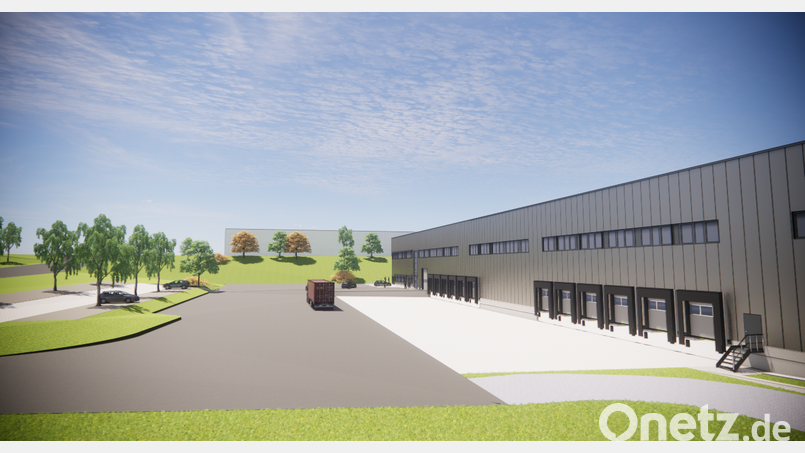 Die Grafik zeigt die Ost-Ansicht der neuen Hegele-Logistikhalle, die bis Ende 2022 nahe dem Bestandsbau in Kemnath 
entstehen soll. Grafik: Firma Simon Hegele/exb