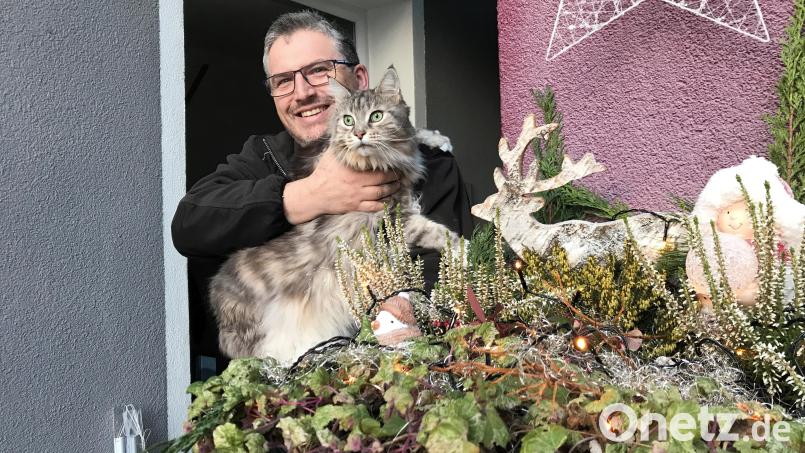 Markus Hierold (48) öffnet zusammen mit Kater Leo das elfte Türchen der Adventsaktion &quot;Türöffner&quot;. Bild: Gabi Schönberger