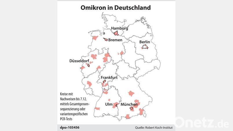 Hier sind bislang Omikron-Fälle in Deutschland aufgetreten. In der Oberpfalz ist der Kreis Neumarkt markiert. Bild: Würth, Wolfgang