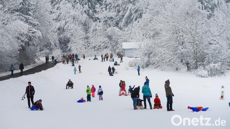 Auch viele Kinder hatten zusammen mit ihren Eltern an der weißen Pracht viel Freude. Auf den Hängen im Steinwald sausten sie mit ihren Schlitten zu Tal. Bild: bsc