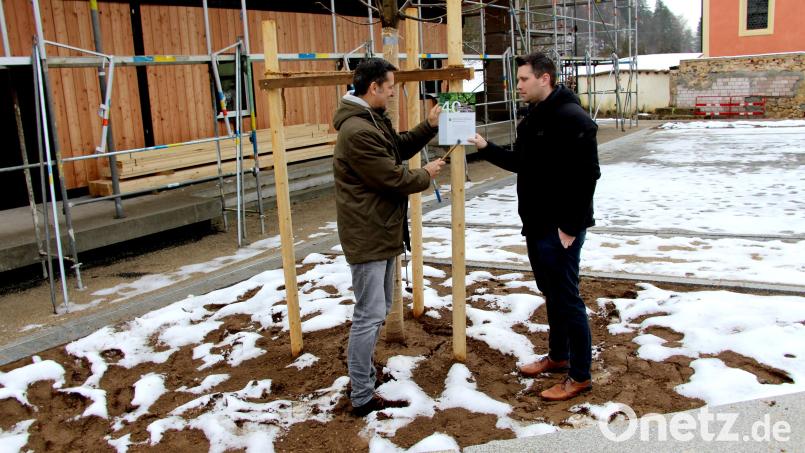 An der Dorflinde in Kirchenreinbach weist ein Schild auf das 40-jährige Bestehen des Amtes für ländliche Entwicklung hin. Steffen Hauser (rechts) und Bürgermeister Roman Berr bringen es am Bockgerüst des frisch gepflanzten Baumes an. Bild: ds