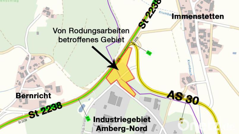 Rund um den gelb markierten Bereich kann am Montag und Dienstag der Verkehr mehrfach kurz angehalten werden müssen. Grafik: Staatliches Bauamt Amberg-Sulzbach
