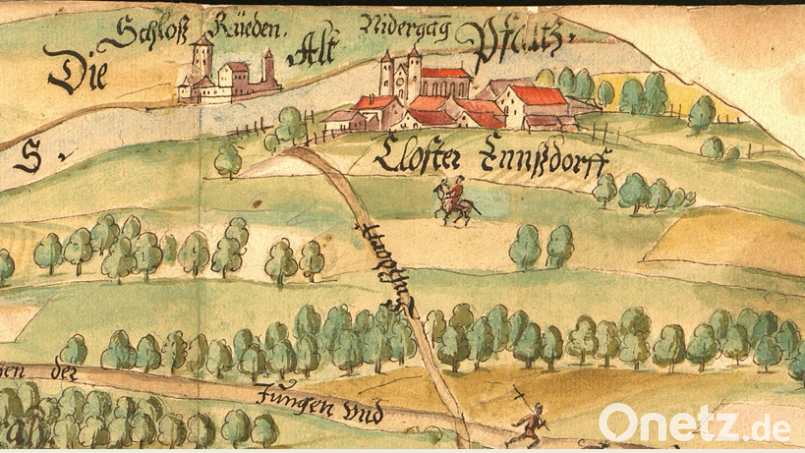 Ausschnitt aus einer 1589 erstellten Karte, auf der auch das Kloster in Ensdorf zu sehen ist. Die Karte war aus Anlass eines Streits um ein Waldgebiet angefertigt worden. Bild:  Staatsarchiv Amberg/exb