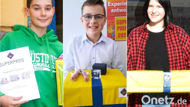 Beim Landeswettbewerb &quot;Experimente antworten&quot; haben drei Schüler aus Weiden und dem Landkreis Neustadt/WN den Superpreis erhalten. Von links: Lukas Rosner (12), Lorenz Baierl (13) und Ariane Schwemin (13). Bildmontage: Oberpfalz-Medien/Marina Gube, Bilder: Domes-Rosner, Baierl, Kathrin Hennig