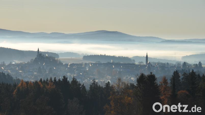 In den Niederungen hinter der Rosenquarzstadt Pleystein wabern noch die Nebelschwaden. Dahinter die leichten Erhöhungen des Grenzkamms. Bild: dob