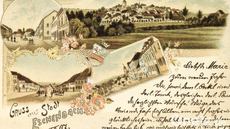 Eine historische Postkarte mit Neujahrsgrüßen aus Eschenbach aus dem Jahre 1897 aus dem Archiv des Heimatvereins. Bild: hev