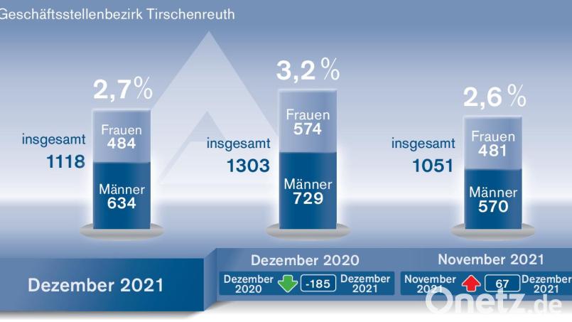 Im Vergleich zum Dezember im Vorjahr ist die Arbeitslosenquote im Bezirk Tirschenreuth gesunken. Grafik: Oberpfalz-Medien