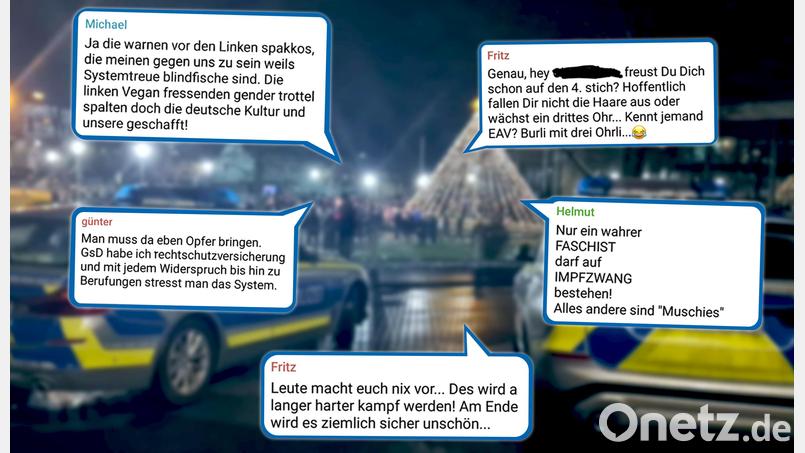Eine Auswahl der Posts in der Telegram-Gruppe der Weidener Querdenker. Den Teilnehmern geht es in erster Linie um das Thema Impfen. Regelmäßig kommt es aber zu verbalen Entgleisungen und Falschnachrichten ohne Belege. Bild: rw; Grafik: Oberpfalz-Medien