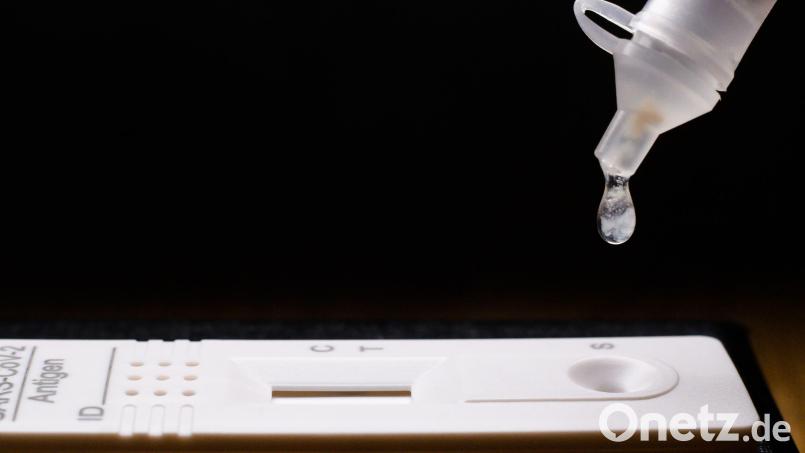 Flüssigkeit wird auf einen Selbsttest für das Coronavirus getröpfelt. Bild: Julian Stratenschulte/dpa