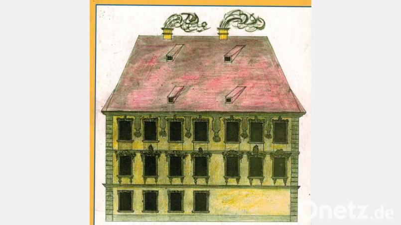 Das Pflegschloss, Sitz des Landpflegers, im 18. Jahrhundert. Bei der jetzigen Sanierung wurden die Kamine wieder so hergestellt, wie sie einst waren. Die Bemalung orientiert sich am Umbau des 19. Jahrhunderts. Repro: Heimatverein Eschenbach