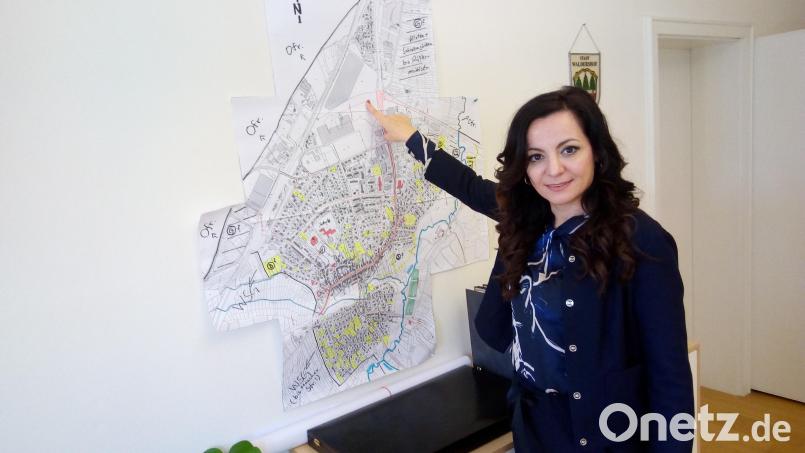Am Plan der Stadt zeigt Bürgermeisterin Margit Bayer, wo die Arbeitsschwerpunkte 2022 liegen: Sanierung der Jobst-vom-Brandt-Schule, Neubau eines Kinderhauses und Realisierung des Hochregallagers im Gewerbegebiet westlich der Marktredwitzer Straße. Zudem soll mit einem Teilstück der Ortsumgehung begonnen werden. Bild: fpoz