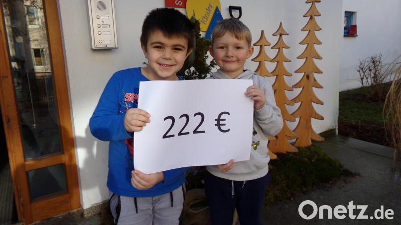 Eine persönliche Übergabe war leider nicht möglich, aber zwei Buben des Kindergartens zeigen stolz den Betrag, der an die Kinderkrebshilfe Oberpfalz Nord gespendet wurde. Bild: fks
