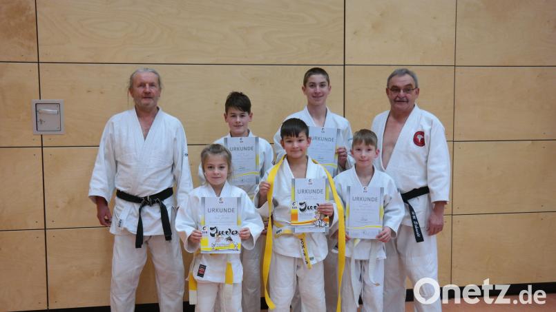 Stolz auf die Leistungen bei der Gürtelprüfung im Judo-Verein Sulzbach-Rosenberg: (hinten, von links) Gerd Brückner, Julian Thurner, Manuel Meier, Heinz-Ulrich Schmidt, (vorn, von links) Bella Hartmann, Dominik Baltz und Felix Fischer. Bild: shu