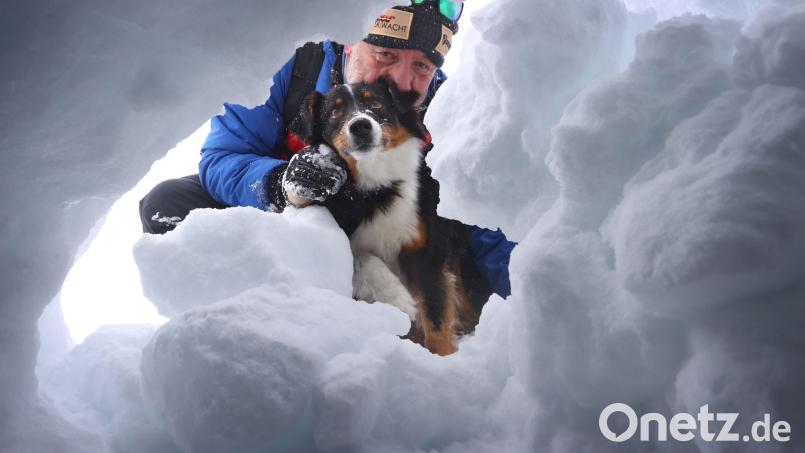 Der Hundeführer Dörg Stephan sucht mit seiner Lawinensuchhündin Amira nach einem Verschütteten. Foto: Karl-Josef Hildenbrand/dpa Bild: Karl-Josef Hildenbrand