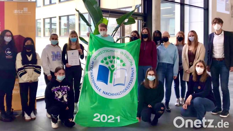 Die Klasse BFH 11a der Berufsfachschule für Hotel- und Tourismusmanagement mit der Fahne, die das BSZ Wiesau als Umweltschule kennzeichnet. Rechts hinten Schulleiter Thomas Metzler, davor Umweltbeauftragte Ute Döhler. Bild: BSZ Wiesau/exb