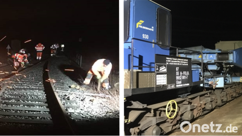 Nachtarbeit, für das Monstrum musste am Anschlussgleis in Etzenricht sorgar die Weiche per Flex herausgeschnitten werden. Der Transport wartete schon. Bild: Bayernwerk