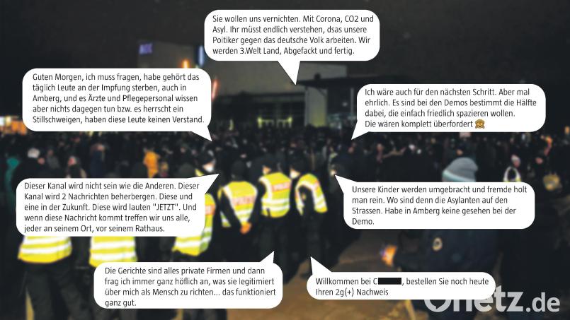 Eine kleine Auswahl der Nachrichten, die in den Amberger Telegram-Kanälen gepostet werden. Hinzu kommen täglich Hunderte von Informationen aus zwielichtigen Kanälen, die zum Großteil von dem Recherchezentrum &quot;Correctiv&quot; in Faktenchecks als Falschmeldungen enttarnt werden. Bild: Petra Hartl, Grafik: Oberpfalz-Medien Bild: Petra Hartl