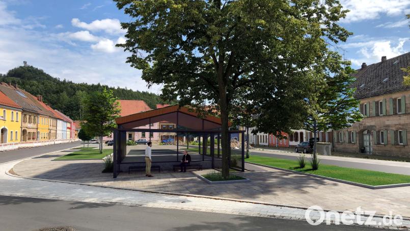 Wenn es nach den Bürgern geht, soll der neue Pavillon am Marktplatz der Kulmstadt mit transparenten Außenwänden aus Glas und mit einem begrünten Satteldach gebaut werden. Bei dieser Variante ist der moderne Pavillon nicht dominant und wirkt daher auch weniger störend im Ensemble der historischen Altstadt. Bildmontage: Architekturbüro Schultes/exb