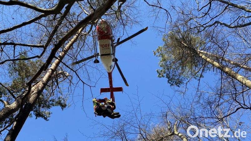 ASB und die Bergwacht waren bei der kniffligen Bergrettung an der Petershöhle im Einsatz. Die verletzte Wanderin wurde vom Rettungshubschrauber mit Hilfe der Seilwinde ausgeflogen. Bild: Bergwacht Frankenjura/exb