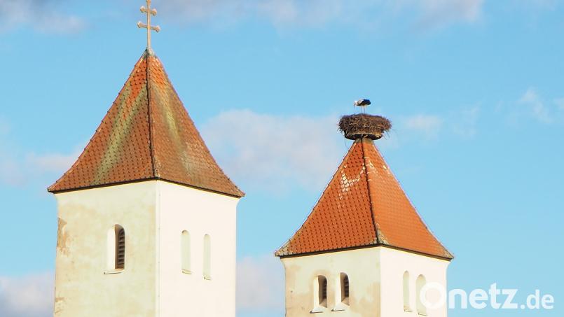 In Perschen auf der Kirche St. Peter und Paul (Bild) ist der Storch schon am Montag angekommen und hat sich gleich daran gemacht sein Nest zu reparieren. Sein Nabburger Kollege wurde heuer am Mittwoch zum ersten Mal gesichtet. Bild: bl