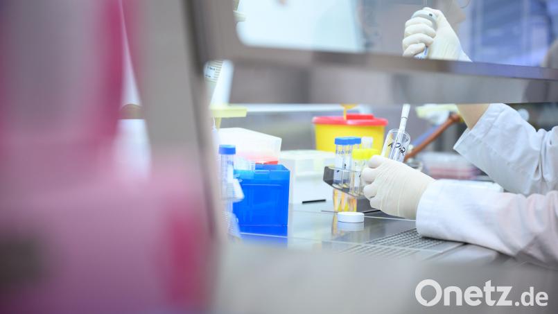Eine Frau zeigt in einem Labor einen Test für das Coronavirus. Bild: Sebastian Gollnow