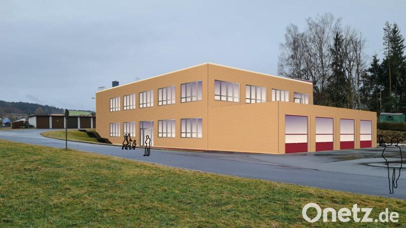 Das Feuerwehrhaus wird komplett saniert und energetisch auf Vordermann gebracht. Die Feuerwehr zieht auch mit den Gemeinschaftsräumen ins Erdgeschoss. Für das neue Fahrzeug wird eine größere Garage gebaut. Ins Obergeschoss ist dann Platz für Arzt- und Physiopraxis. Die Fassade des Gebäudes soll mit Rhombusleisten verkleidet werden. Bild: Stadt Bärnau/exb