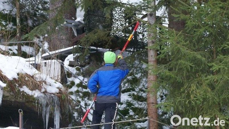 Markus Roßmeisl bei der Baumpflege auf der Luisenburg-Bühne. Bild: Stadt Wunsiedel/exb