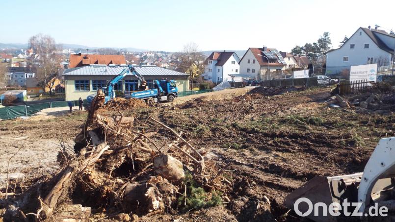 Die Baustelle ist schon heute nicht zu übersehen: Auf dieser gerodeten Fläche soll die neue Kindertagesstätte St. Raphael entstehen: Im Hintergrund der alte Kindergarten St. Raphael. Bild: e
