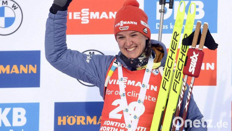 Die Biathletin Denise Herrmann geht nach ihrem Sieg im Sprint als Erste in das Verfolgungsrennen. Bild: Vesa Moilanen/Lehtikuva/dpa