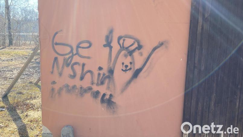 Diese Schmierereien haben Unbekannte an einer Mauer angebracht. Bild: Polizei Amberg/exb