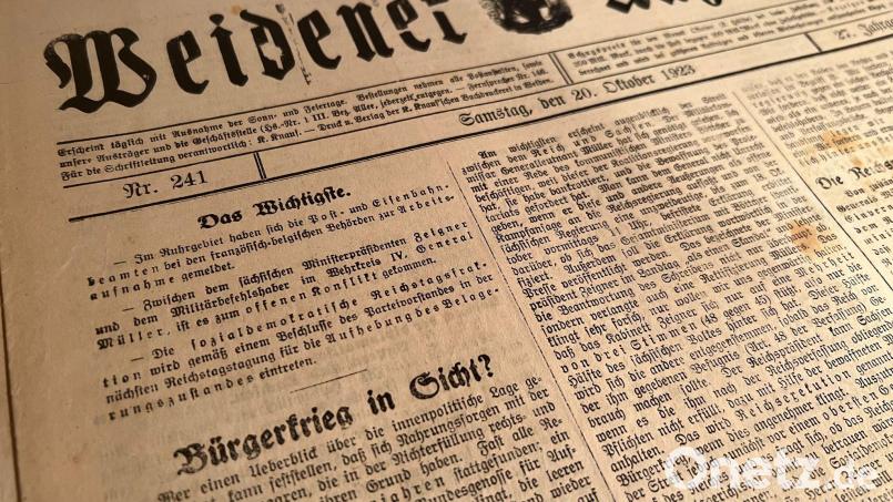 &quot;Bürgerkrieg in Sicht?&quot; titelt der &quot;Weidener Anzeiger&quot; im Oktober 1923. Die Hungersnot und die Preisexplosion bringen die Bürger ans Limit. Bild: Weidener Anzeiger/Stadtarchiv Weiden
