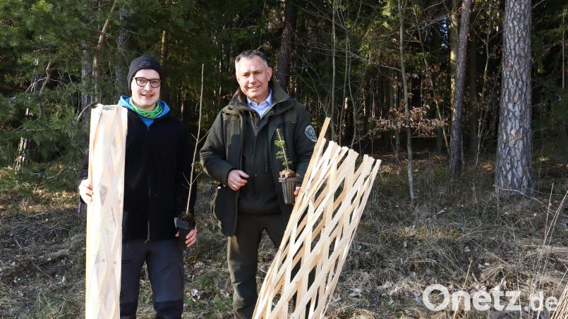 Die klimafitten Pflanzen und den ökologischen Einzelschutz erhalten die Initiatoren von Matthias Baumgartner von der WBV Oberviechtach. Die Waldvorbereitung und Pflanzung übernimmt das Team von Forst Eibenstein mit Organisator Jürgen Donhauser. Bild: Julian Beer/exb