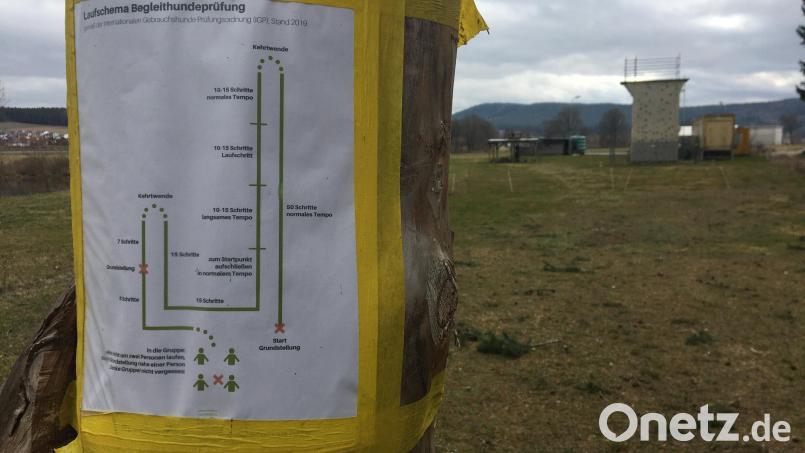 Das Laufschema für die Begleithundeprüfung hängt noch an einem Pfosten. Ansonsten sind die Utensilien für den Hundeparcours im Biber-River-Camp aber schon abgebaut. Bild: upl