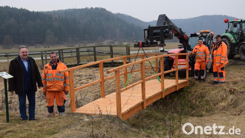 Über den Gießgraben am Eingang zum Pirzertal gibt es neue neue Brücke (von links): Dritter Bürgermeister Johann Seitz, Johann Inselsberger, Josef Kugler und Markus Mitschke (alle Bauhof Hohenburg). Bild: bö