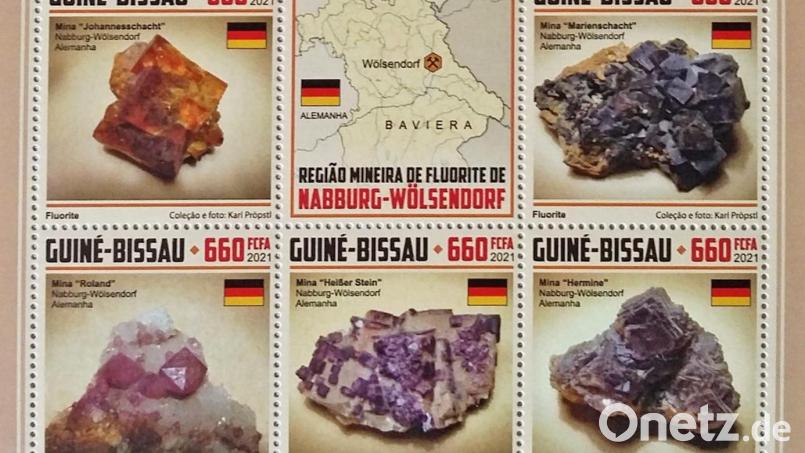Das westafrikanische Land Guinea-Bissau veröffentlichte kürzlich eine neue Briefmarken-Sonderserie mit dem Flussspat-Revier rund um Wölsendorf und Funden daraus als Motiv. Bild: Adrian Lang/exb