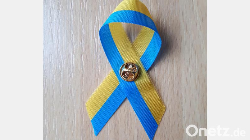 Blau-gelbe Schleifen als Zeichen der Solidarität mit der Ukraine trugen die Mitglieder des Stadtrats während der Sitzung. Bild: pz