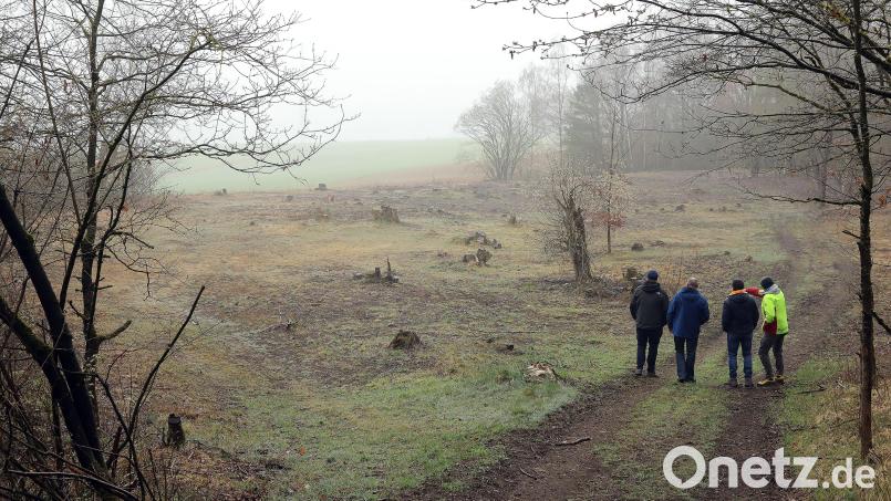 Männer im Nebel auf dem Erzberg. Eigentümer Herbert Schmidt hat auf Anregung der Unteren Naturschutzbehörde einen Bereich abgeholzt, um hier einen von Schafen beweideten Magerrasen zu schaffen. Bild: Wolfgang Steinbacher