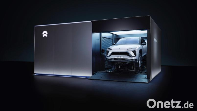 Mini-Garage oder Pop-up-Werkstatt? Nein, an solchen Stationen will Nio nicht den Akku von E-Autos aufladen, sondern in Minutenschnelle gleich austauschen. Bild: NIO/dpa