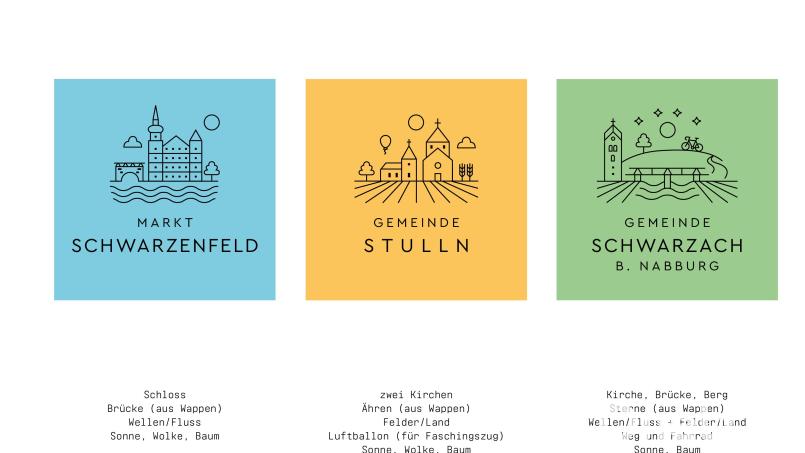 Die Identität der drei Mitgliedsgemeinden findet sich in den Logos der Gemeinden wieder, die das Amberger Büro Wilhelm entworfen hat. Grafik: Büro Wilhelm
