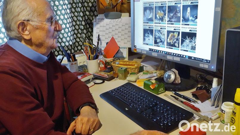 Karl Pröbstl sichtet am Computer das Angebot und hilft bei der Gestaltung von ausländischen Briefmarken mit Mineralien-Motiven. Bild: td