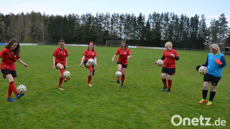 Eva Hahn, Annalena Stark, Anja Mark, Christina Mayer, Eva Kastl und Christin Liebscher (von links), hier beim Techniktraining, sind Teil des aktuell 24-köpfigen Frauenfußball-Kaders beim SV Steinmühle. Bild: jr