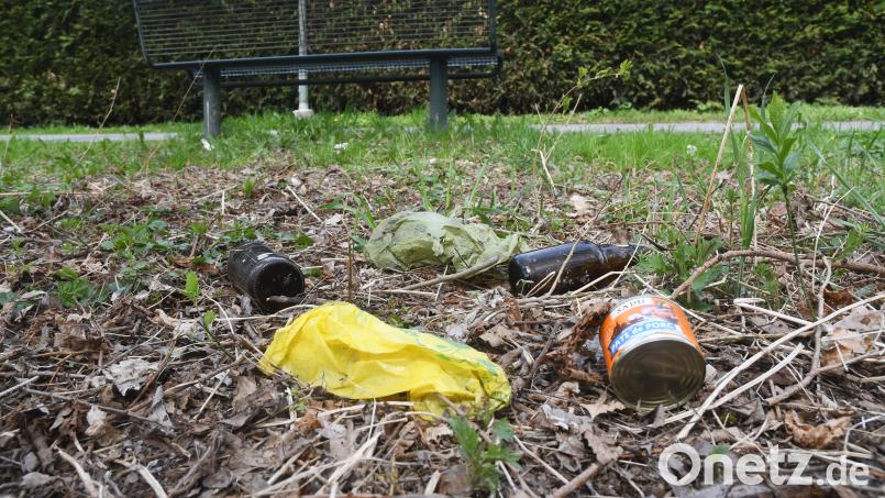 Auf dem Weg zwischen DJK-Gelände und OTH sind hinter einer Parkbank und in einer kleinen Baumgruppe Dosen, Flaschen, Fastfood-Verpackung und anderer Müll zu finden. Bild: Gabi Schönberger