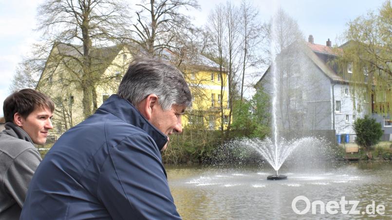 Die Grafenwöhrer Bauhofarbeiter sind unter die Floßbauer gegangen., damit es wieder einen schönen Springbrunnen im Stadtweiher gibt. Bild: rgr