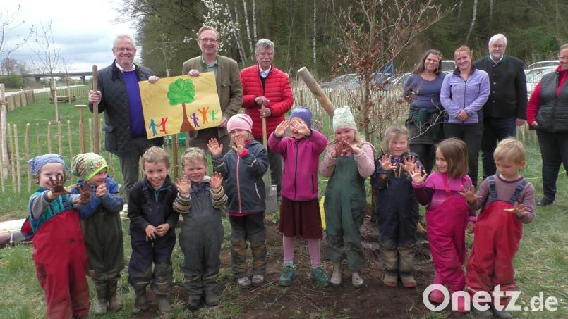 Zusammen mit Oberbürgermeister Andreas Feller, Abgeordnetem Alexander Flierl, stellvertretendem Landrat Jakob Scharf, BRK-Kreisgeschäftsführer Otto Josef Langenhan und der Leiterin des BRK-Waldkindergartens, Michaela Jobst, pflanzten die Kinder eine Rotbuche. Bild: Fabian Borkner/exb