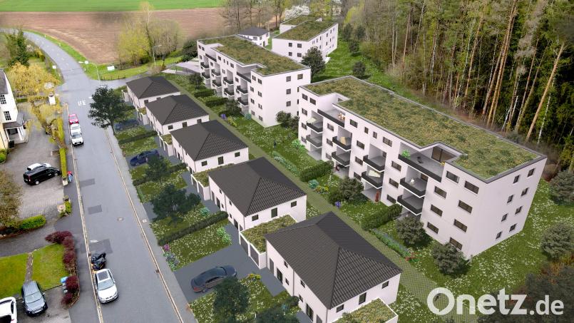 Zehn Doppelhaushälften, zwei Einfamilienhäuser sowie zwei große Geschosswohnungsbauten sieht der Vorschlag von Herbert Klein an der Etzenrichter Straße/Ecke zum Burgstall vor. Bildmontage: R+K Projektbau I