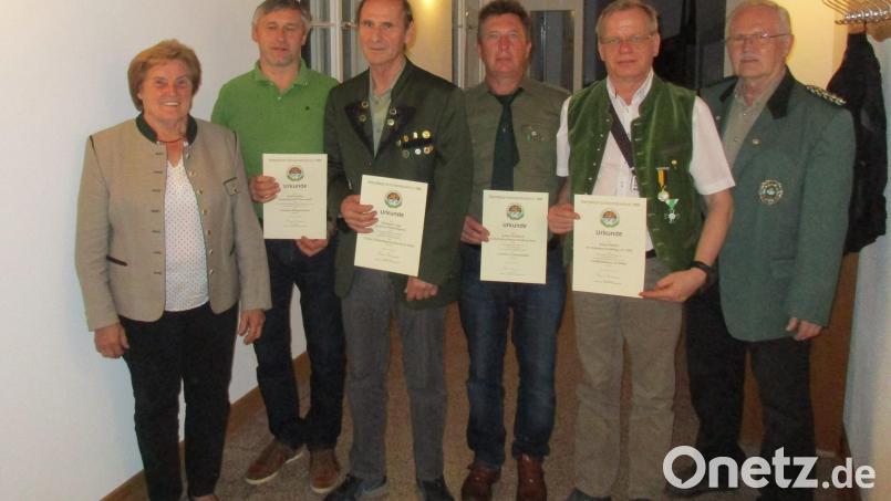 Ehrungen in der Jahreshauptversammlung des Schützengaus Nabburg (von links): OSB-Vizepräsidentin Herta Zeiler, Josef Pamler, Hermann Lang, Johann Schlosser, Klaus Ketzler und Gauschützenmeister Johann Dirrigl. Bild: Hans Schlosser/exb