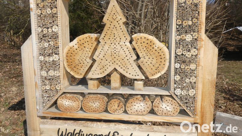 Ein mustergültiges und zugleich dekoratives Insektenhotel steht beim Heim der Waldjugend. Bild: rn
