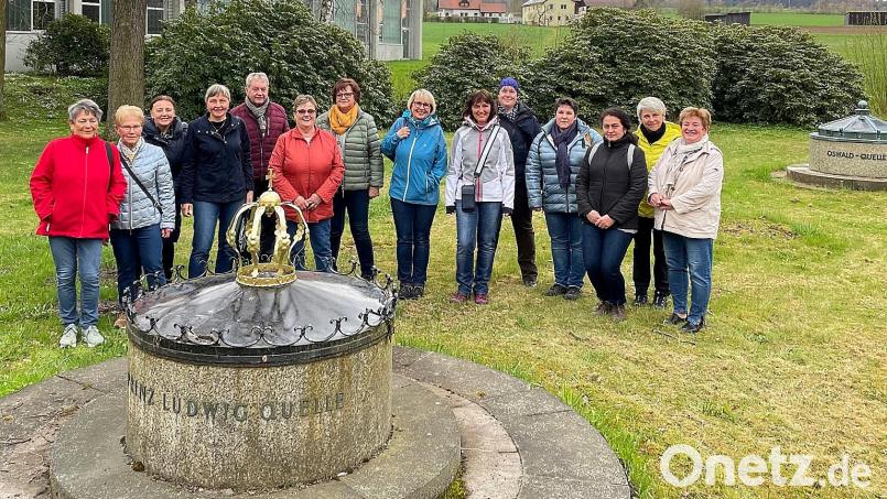 Die Exkursion durch den Quellenpark in Kondrau startete an der Prinz-Ludwig- und der ehemaligen Oswald-Quelle (hinten rechts). Organisiert wurde der Ausflug von der Vorsitzenden der FU Wiesau, Rita Korb (Vierte von links), die Gerhard Richter (Fünfter von links) als fachlich versierten Wanderbegleiter gewinnen konnte. Bild: FU Wiesau/exb
